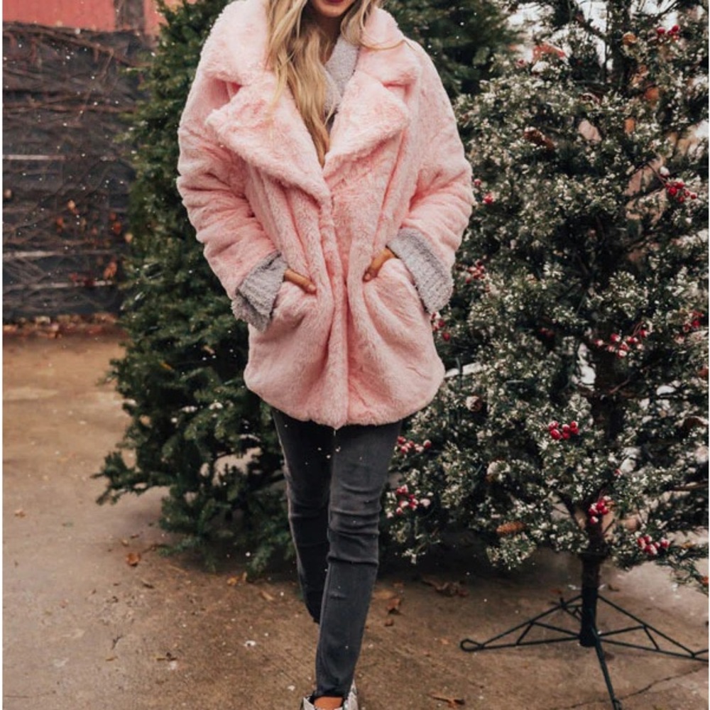 oversized light pink teddy plush women faux fur collared jacket fuzzy coat